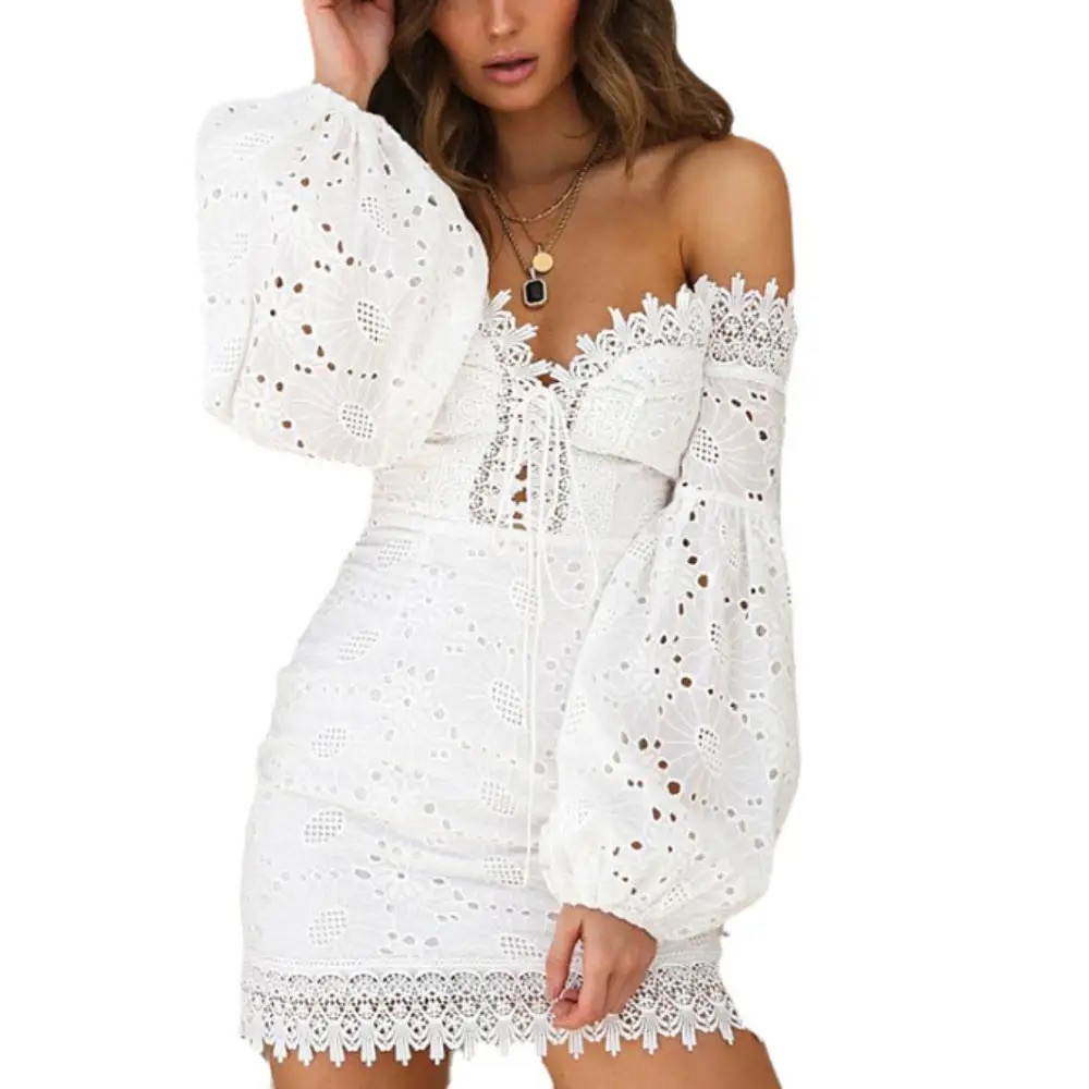 Off Shoulder Lace Up Mini Dress White